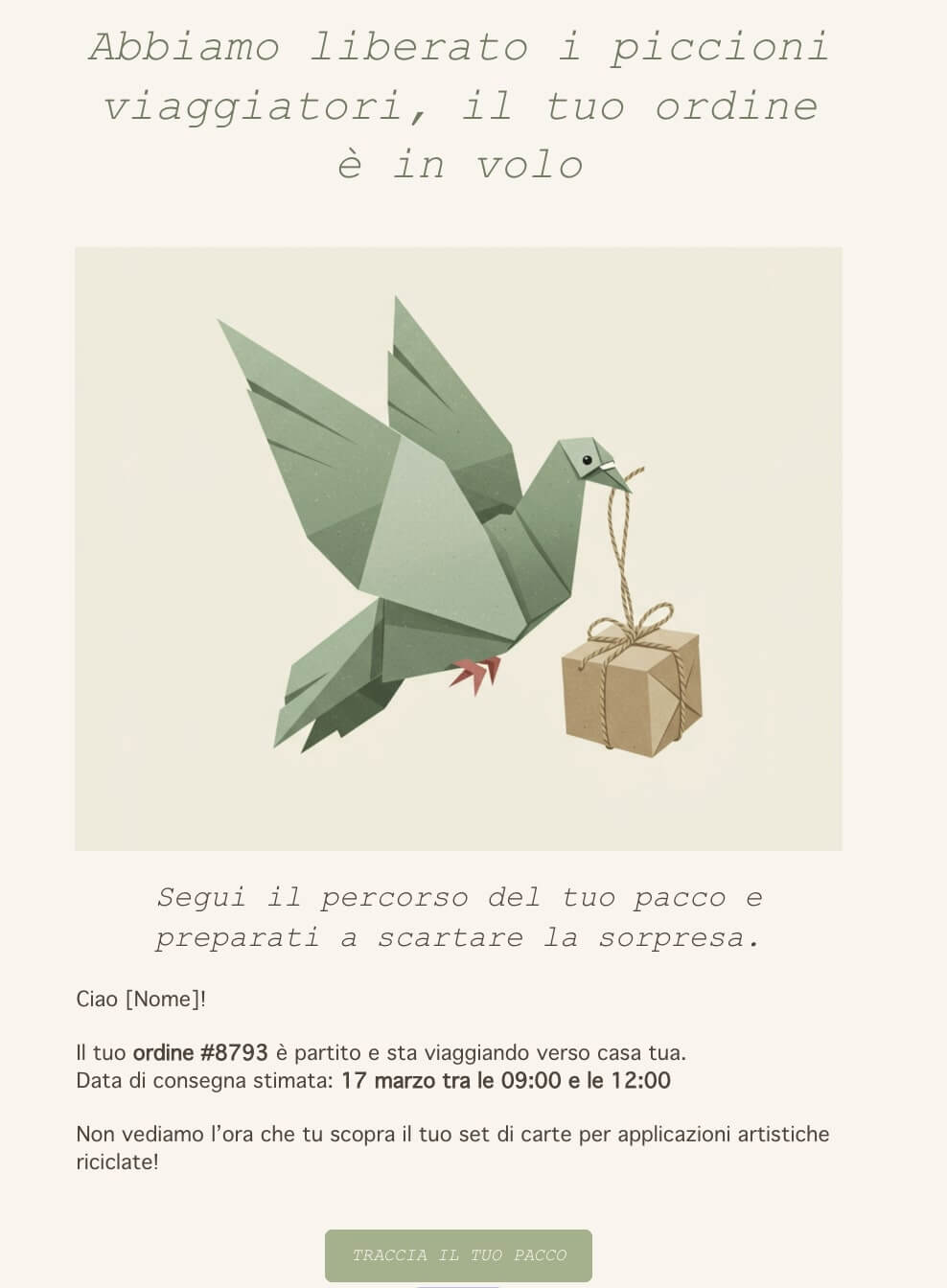 screenshot di una mail transazionale di tracciamento spedizione