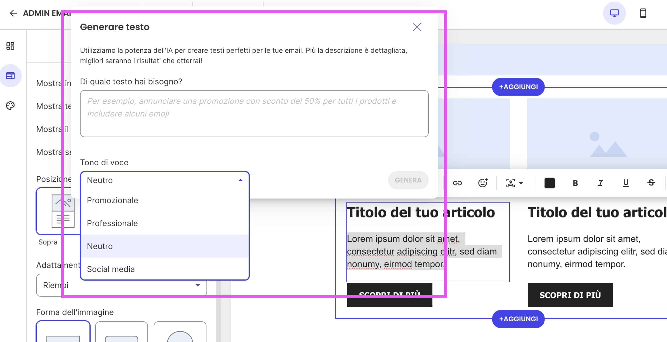 screenshot del generatore di testo IA integrato allo Strumento di Email Marketing di SiteGround