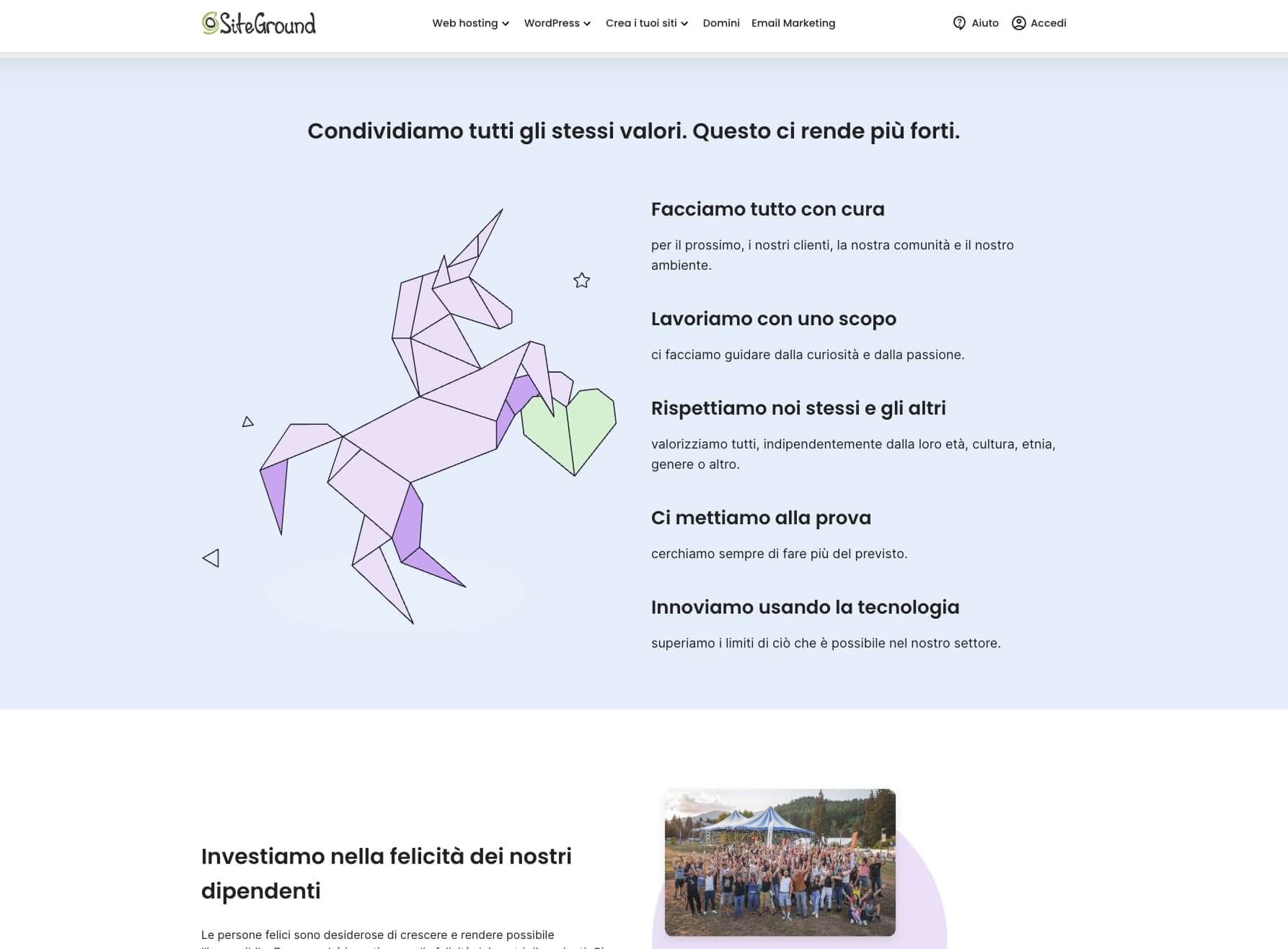 screenshot dalla pagina Chi Siamo del sito web di SiteGround, dove vengono comunicati i valori della compagnia