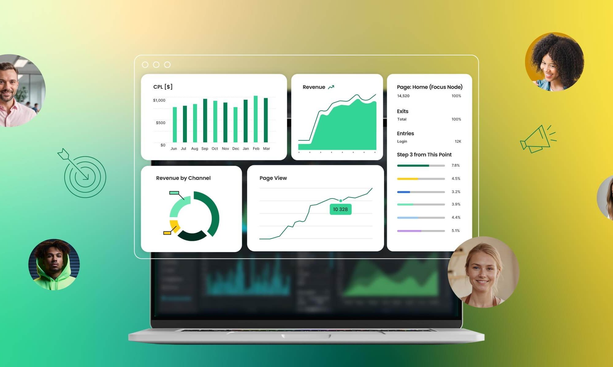 illustrazione di sei schermi con grafici di vario tipo che tracciano l'andamento di metriche digitali e KPI del marketing
