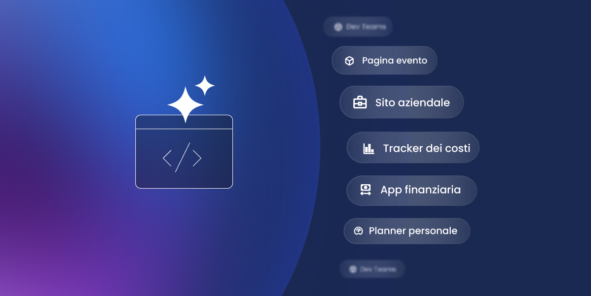Illustrazione con riquadri che rappresentano le applicazioni del vibe coding pagina evento sito aziendale tracker dei costi app finanziaria e planner personale