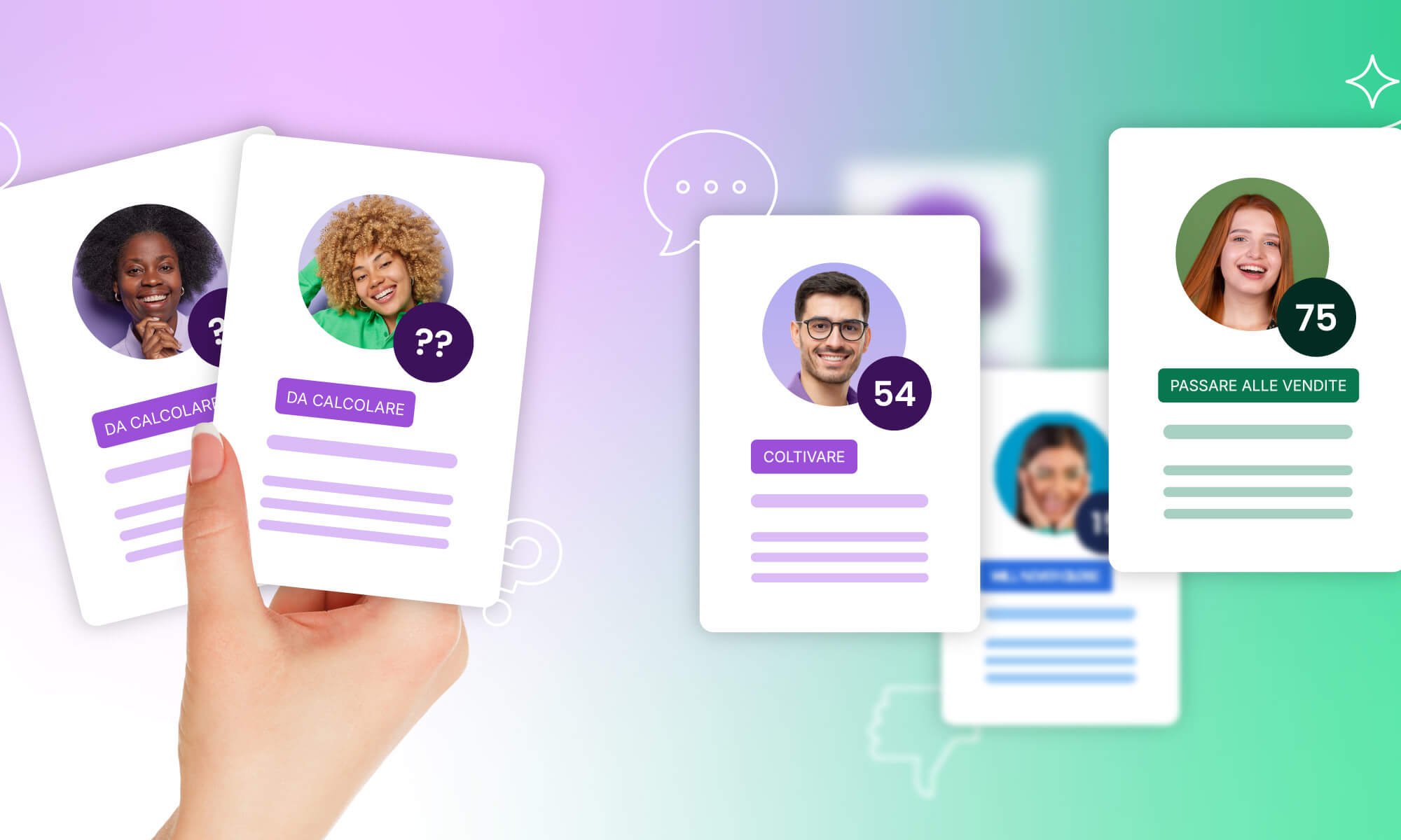 illustrazione di due mazzi di carte organizzati per colore e punteggio, ogni carta rappresenta un cliente, le sue caratteristiche e un punteggio di lead scoring