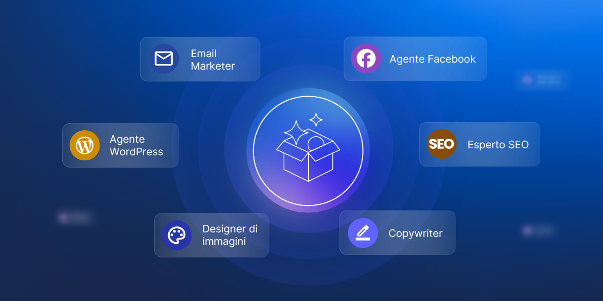 illustrazione di alcuni degli Agenti AI disponibili su AI Studio: email marketer, agente WP, designer, copywriter, esperto SEO e Agente Facebook