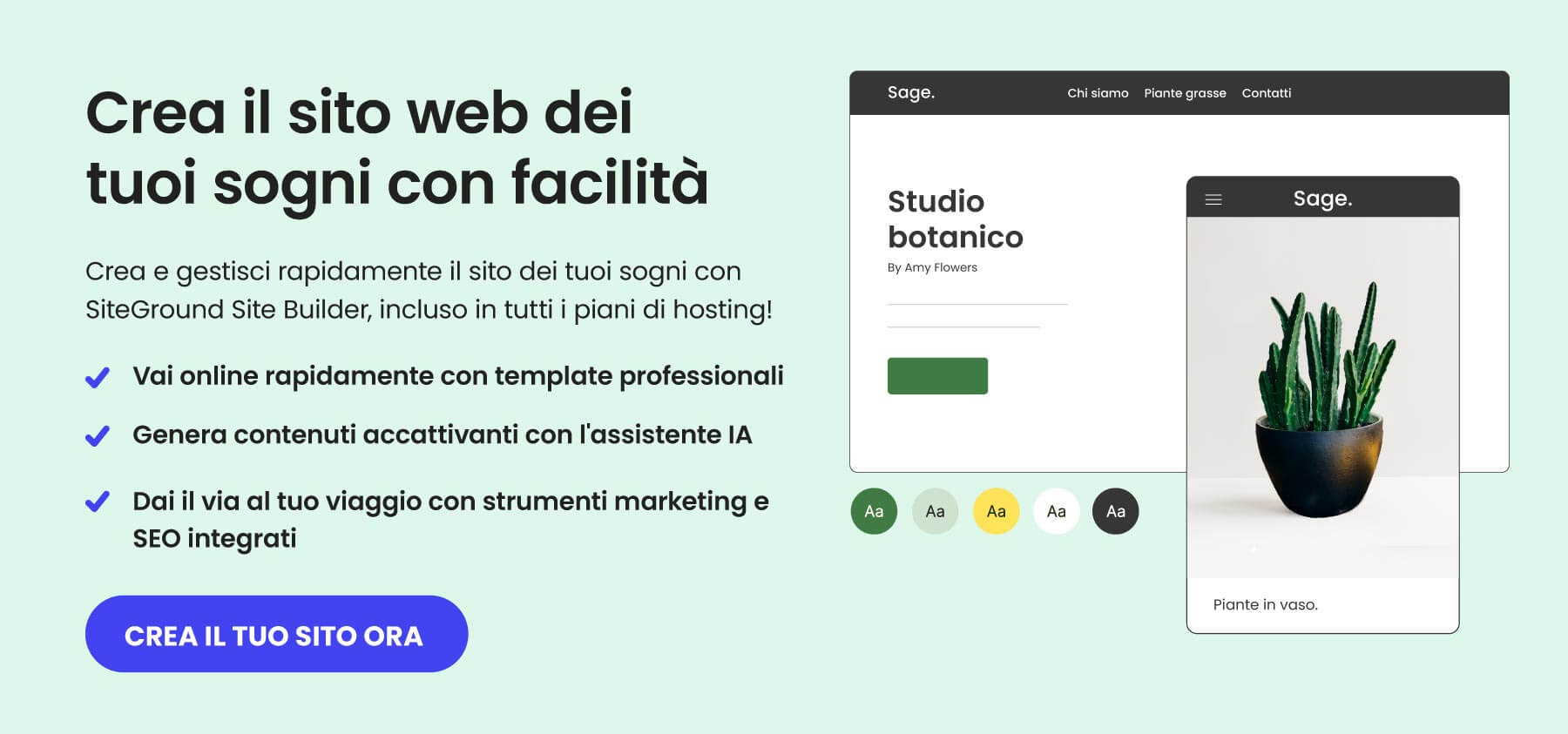 banner promozionale per il website builder di SiteGround. la CTA indica "crea il tuo sito ora"