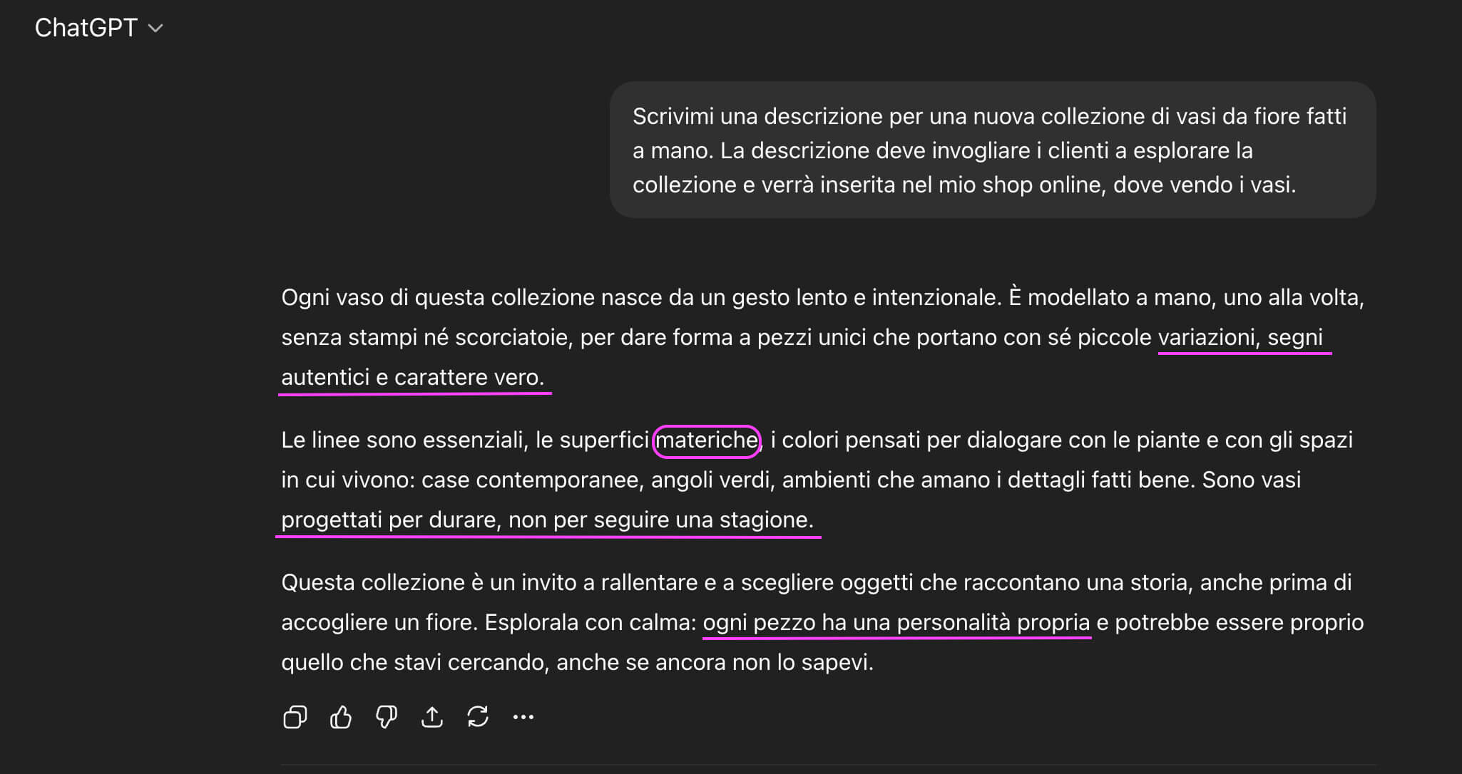 screenshot di un testo generato da ChatGPT dove sono evidenziate le espressione tipiche di una IA