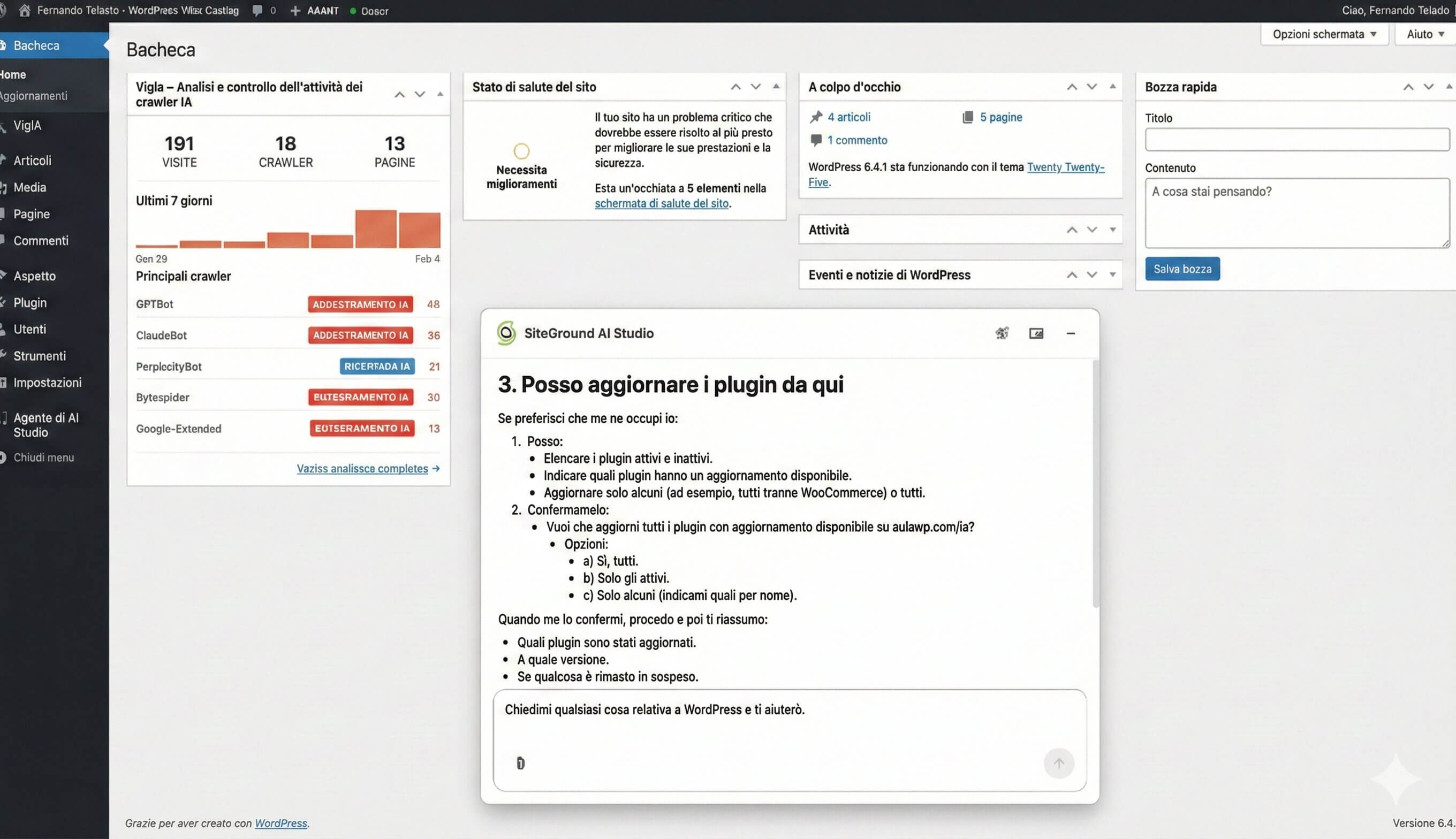 screenshot di una bacheca WordPress dove il plugin dell'Agente AI di AI Studio aggiorna i plugin in modo diretto e su richiesta