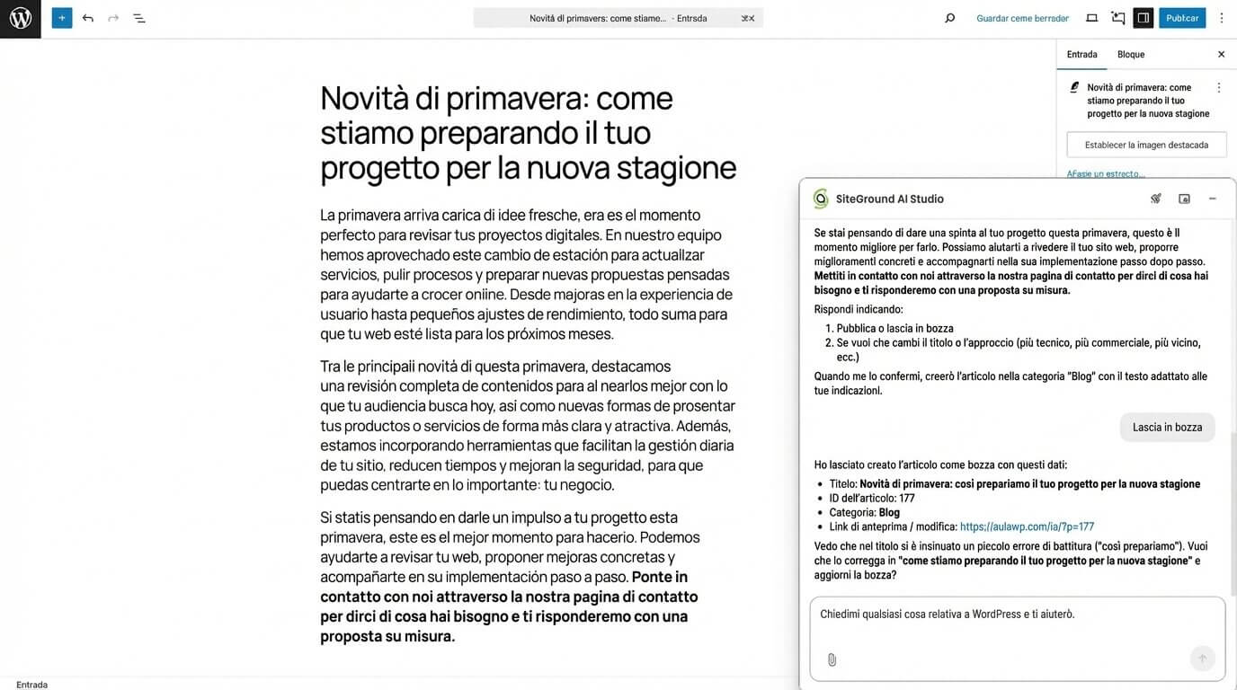 screenshot di un draft creato dall'Agente AI di AI Studio direttamente su WordPress