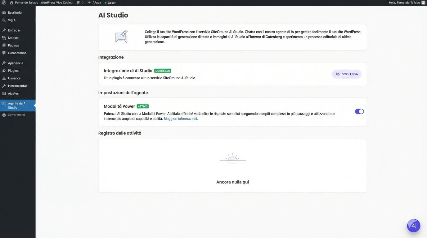screenshot dell'Agente AI di AI Studio in una bacheca WordPress dove il pulsante per la Modalità Power è attivato