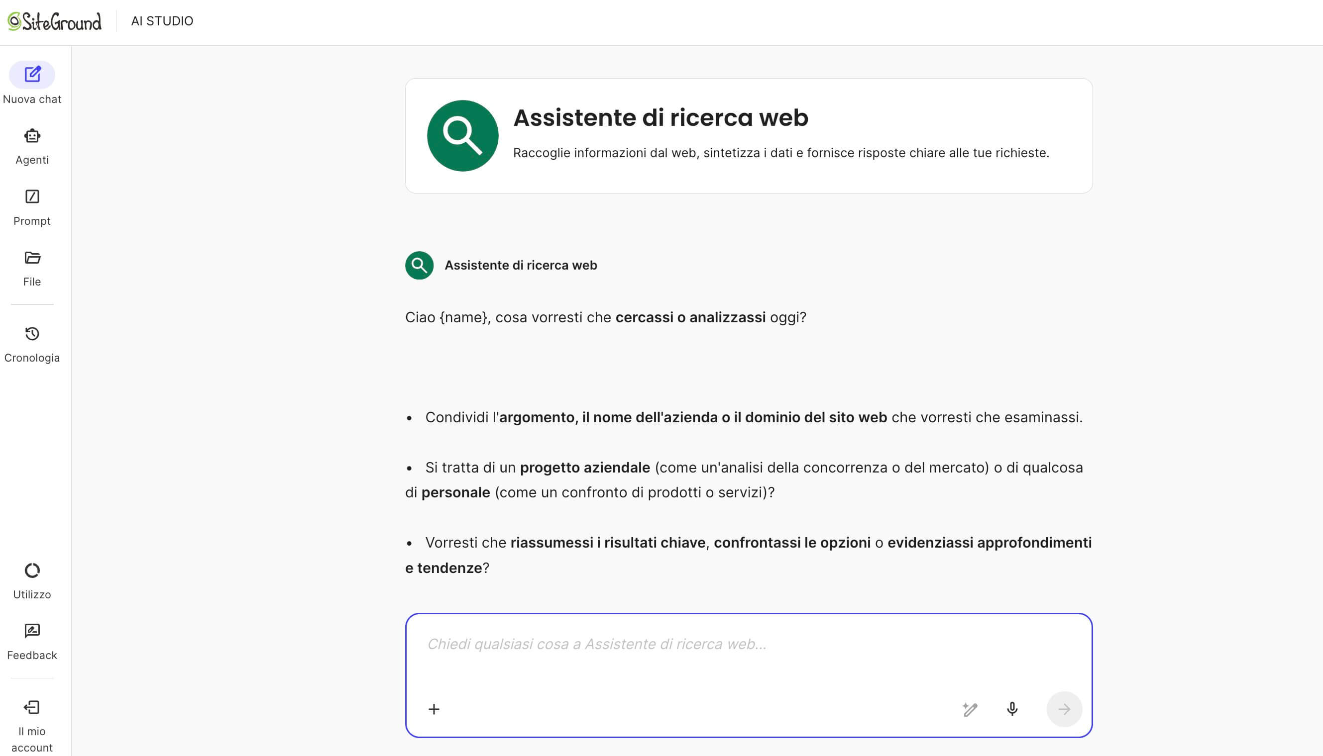 screenshot dell'Assistente di ricerca web di SiteGround AI Studio