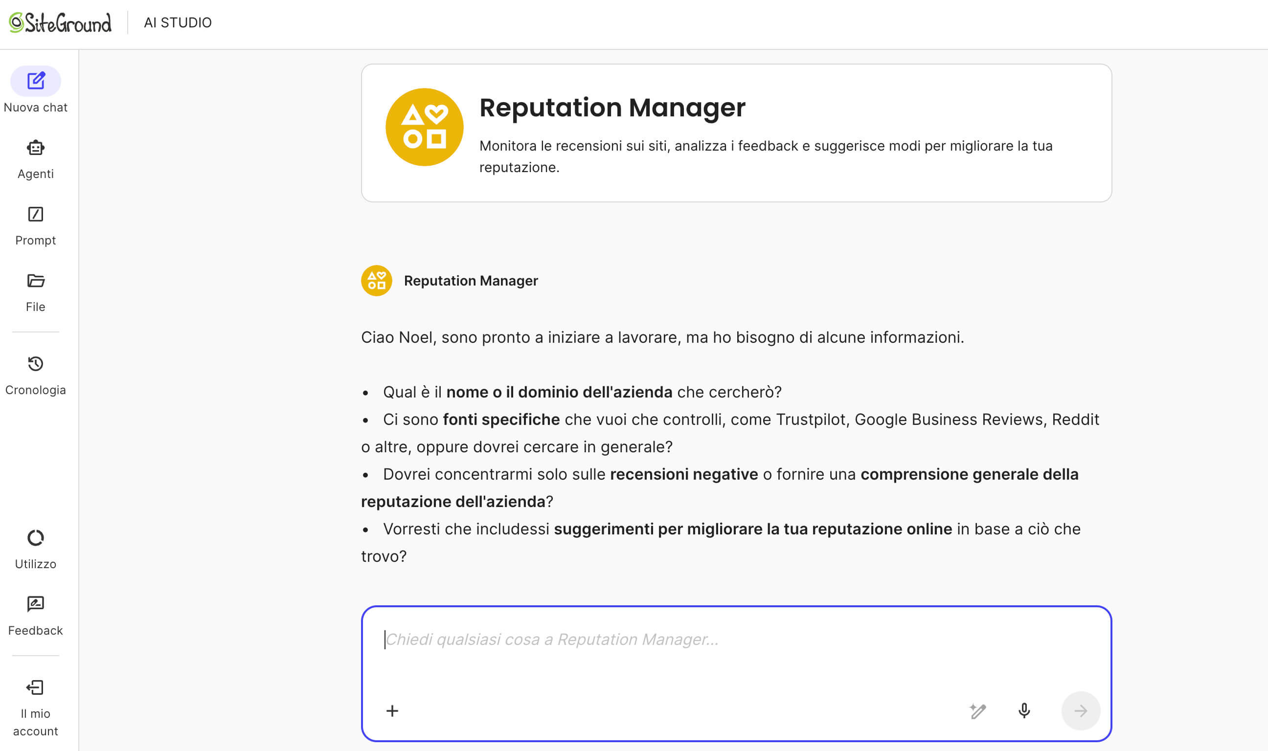 screenshot del Reputation Manager, un Agente AI di SiteGround specializzato nell'analisi dei competitor e della reputazione