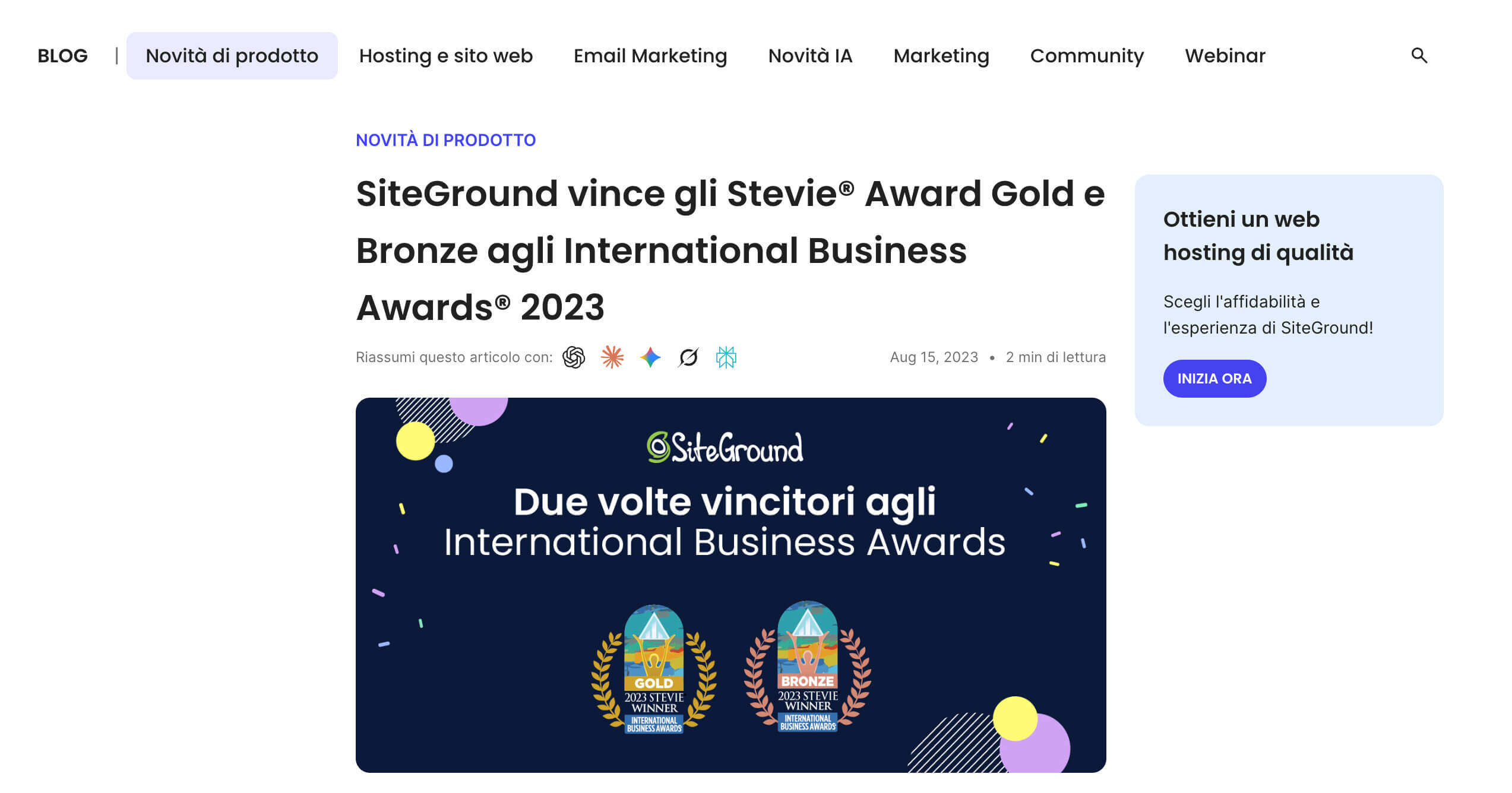 screenshot di un articolo dove SiteGround celebra la vittoria degli Stevie Award per il miglior servizio clienti