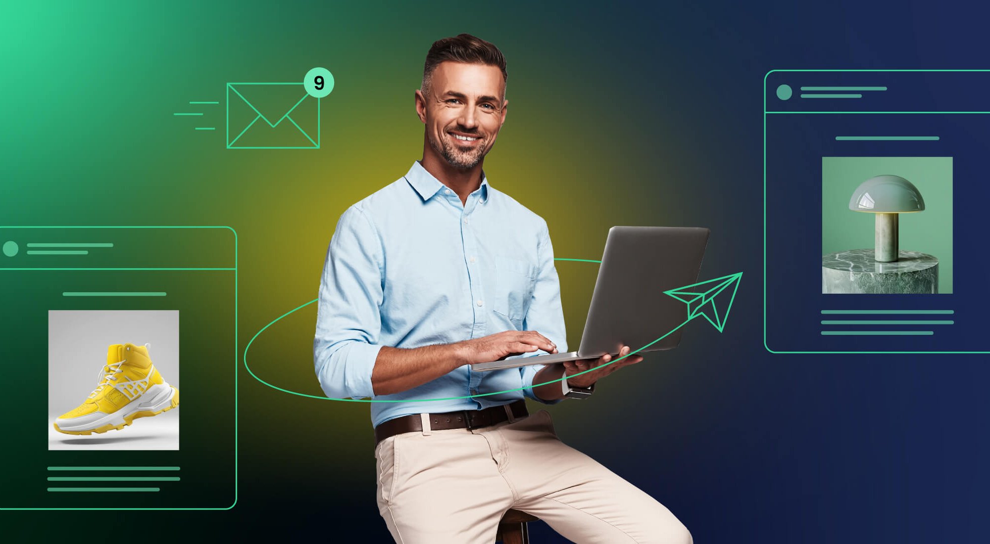 illustrazione di una persona seduta ad inviare email, con attorno icone di invio, email ricevute e layout email