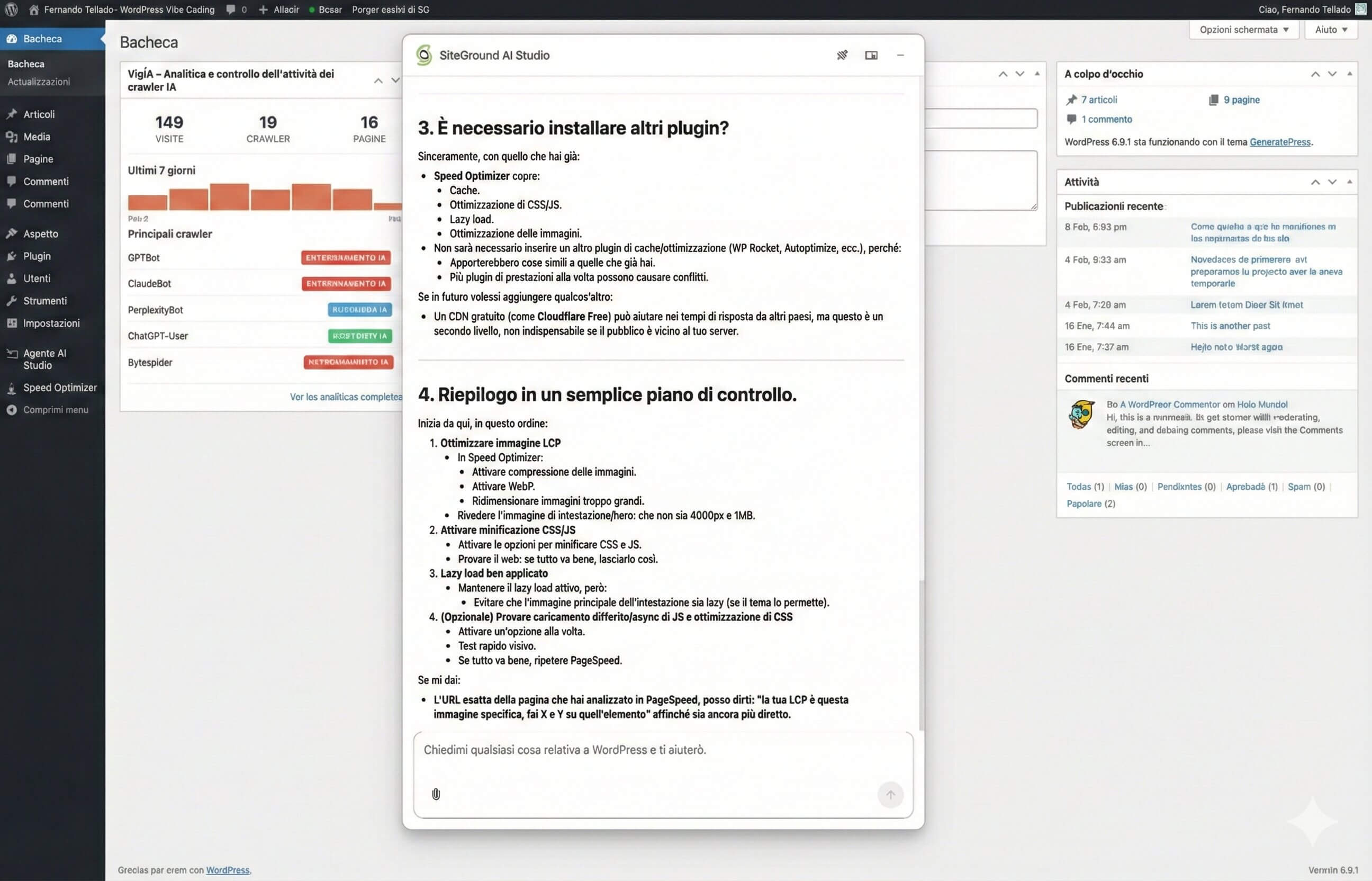 screenshot dei una bacheca WordPress dove l'Agente WordPress di SiteGround AI Studio sta suggerendo soluzioni per l'ottimizzazione del sito