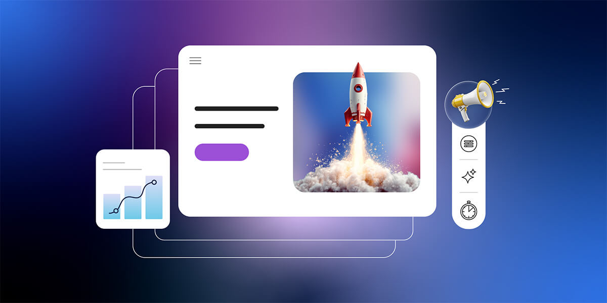 illustrazione di un mockup di pagina ecommerce circondata da icone di metriche. L'immagine di un razzo rappresenta metaforicamente il lancio del prodotto