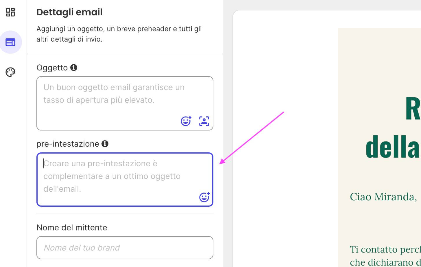 screenshot dell'editor email dello strumento Email Marketing di SiteGround, dove è possibile impostare il pre header nel campo pre intestazione