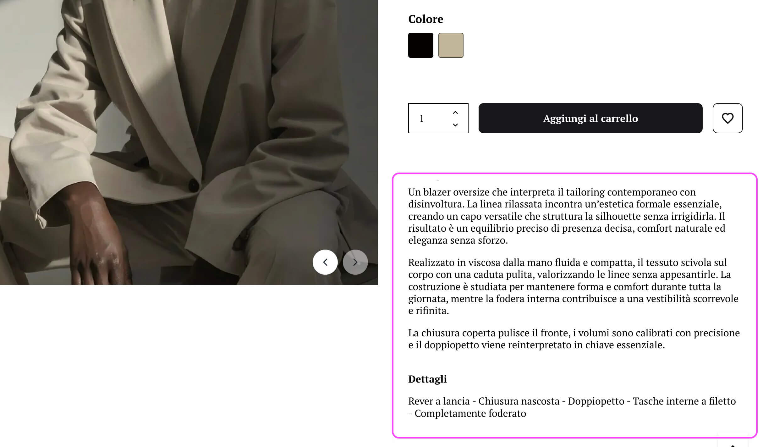 screenshot della descrizione in una scheda prodotto su un sito ecommerce