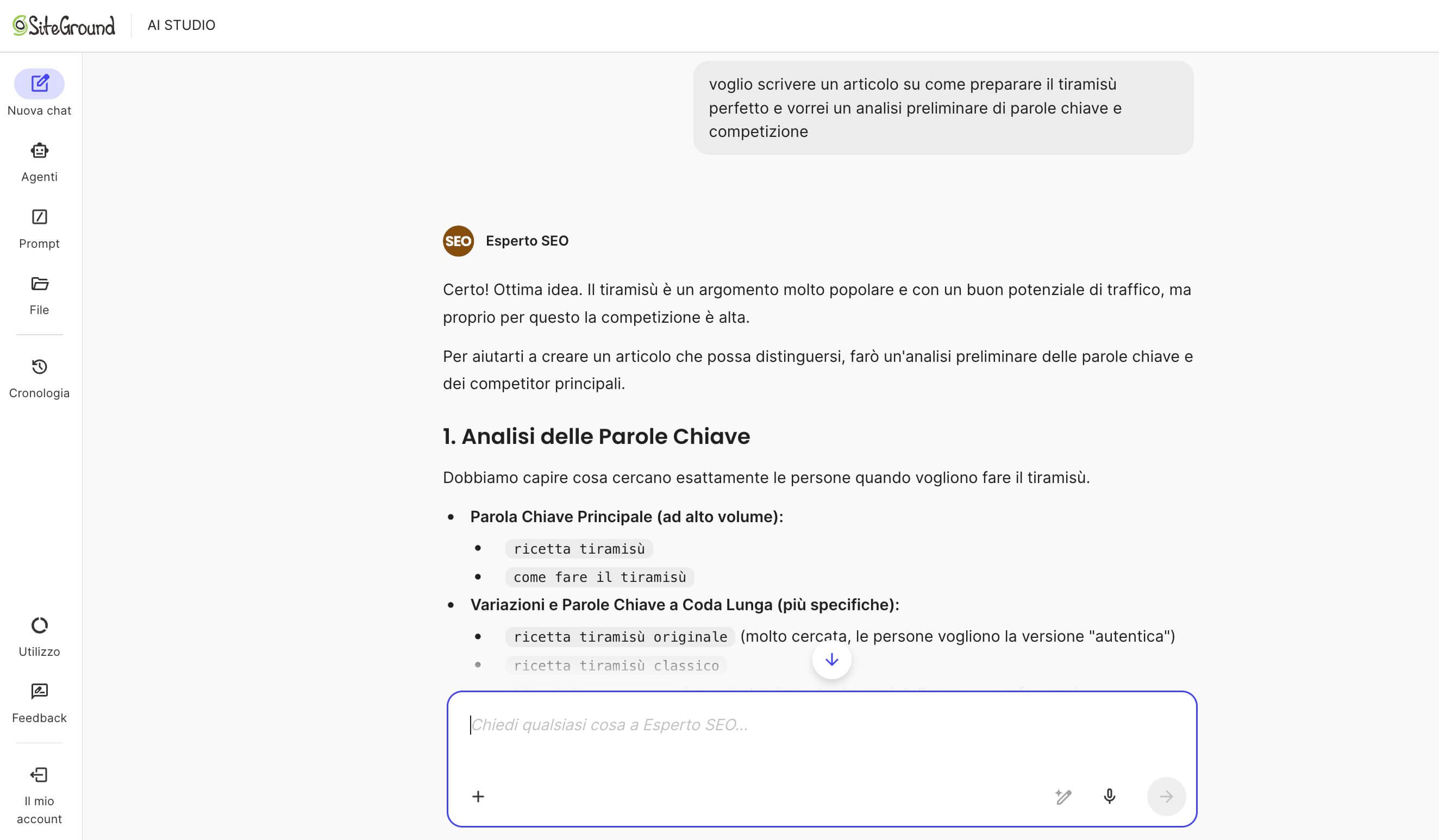 screenshot di una richiesta fatta all'Agente Esperto SEO di AI Studio