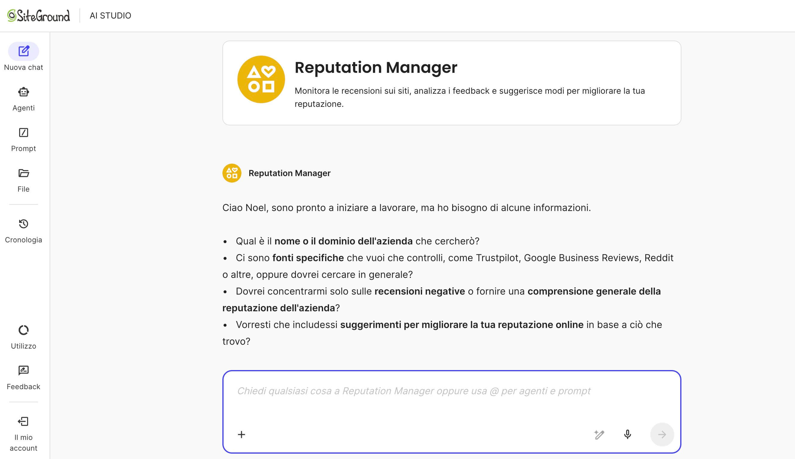 screenshot della chat iniziale con il Reputation Manager di SiteGround AI Studio