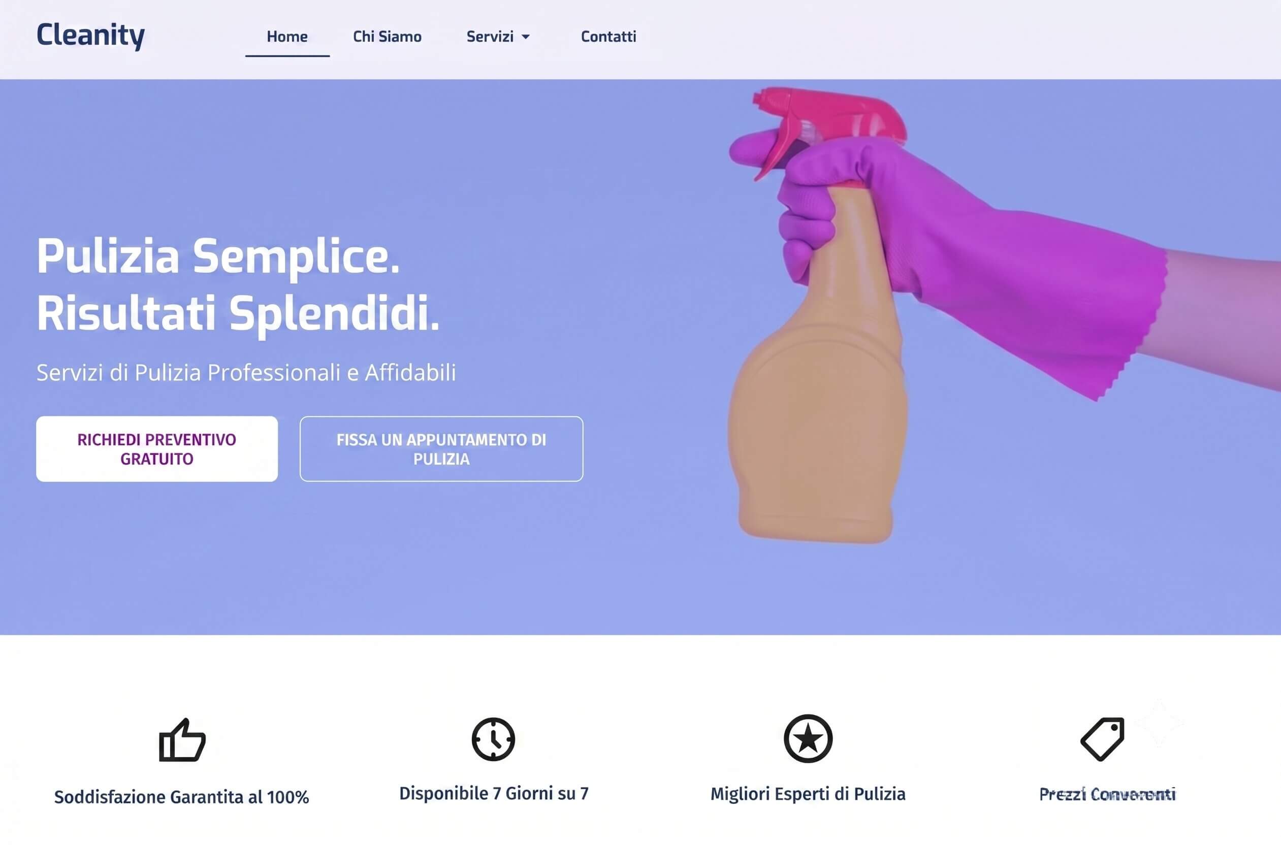 esempio di una homepage per un sito di servizi di pulizia