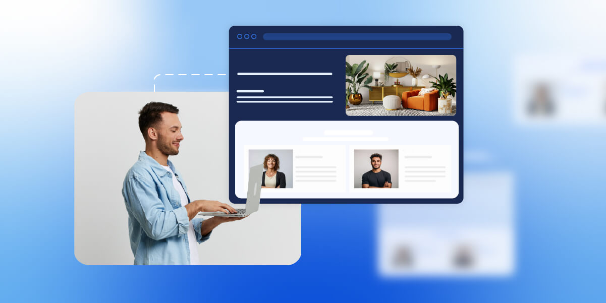 illustrazione astratta di un utente con laptop che costruisce una homepage