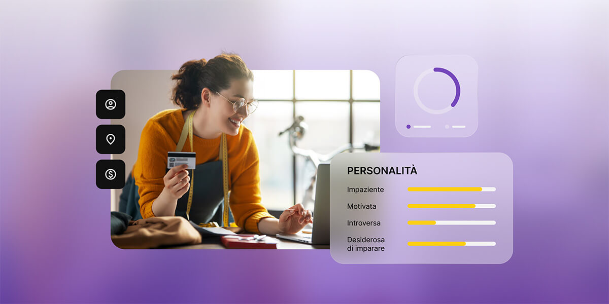 illustrazione di una persona al computer con accanto unaa lista di carattestiche personali per definire il tipo di buyer persona