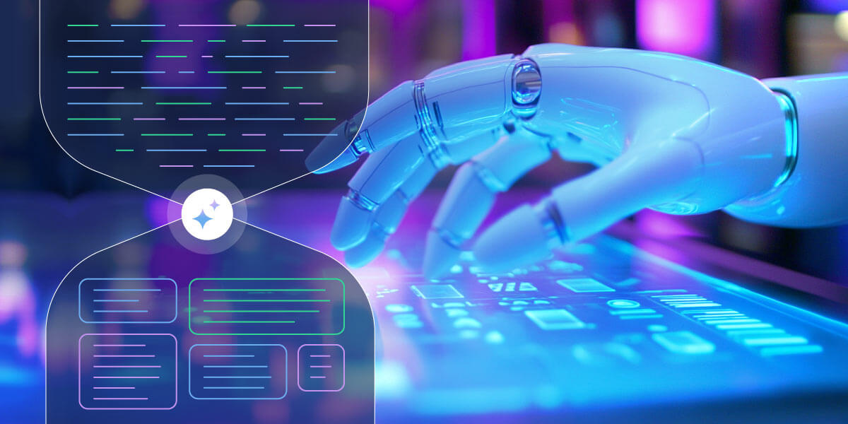 illustrazione astratta di un robot che fa una ricerca su internet appoggiandosi ad un LLM