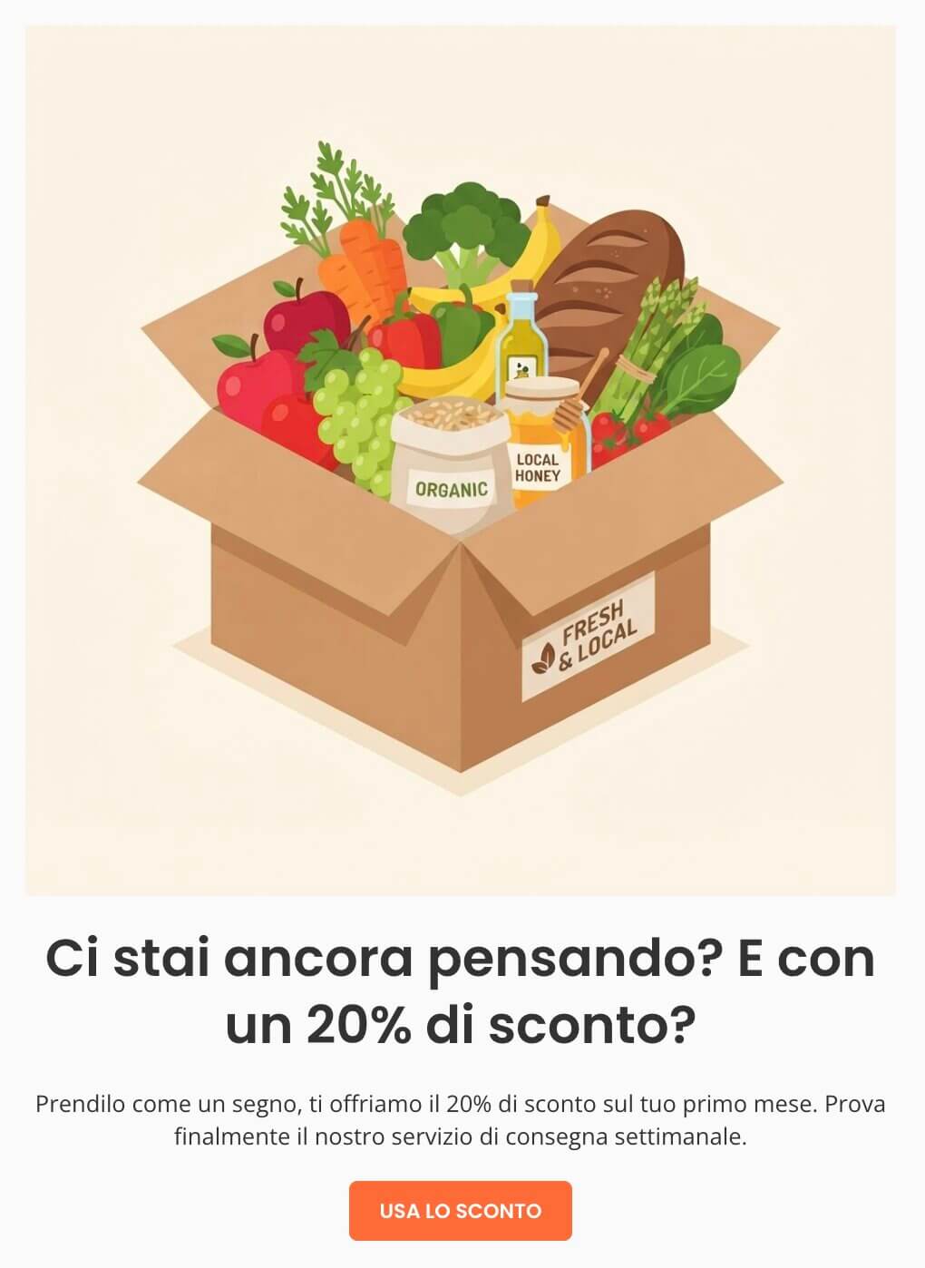 screenshot di una mail promozionale che offre uno sconto per iscriversi ad un servizio di consegna pasti settimanale