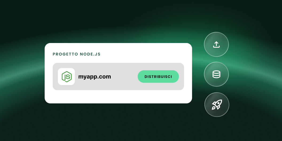 Una scheda di progetto Node.js per myapp.com con un pulsante Deploy, accanto alle icone per caricamento, database e avvio